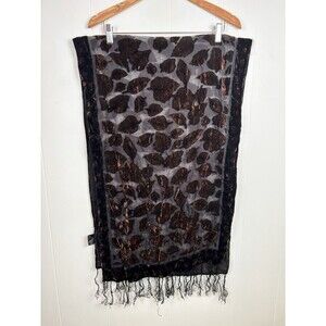 Burnt Out Velvet Silk Scarf Leaf Design Brown Iridescent Black Tassels 62x20
